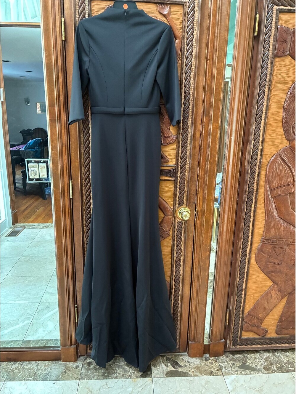 Designer Queen Anne Neckline Mermaid Gown 3/4 Sleeves Black Modest sz 6 Ruched - Picture 4 of 5